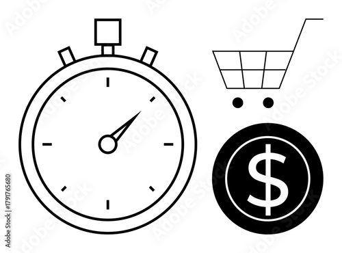 Stopwatch, dollar coin, and shopping cart portraying themes of time management, financial planning, budgeting, e-commerce, decision-making, consumer behavior productivity. Ideal for simple flat