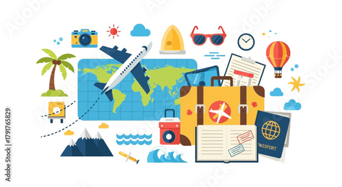 Colorful travel illustration featuring airplane suitcase passport and world map design