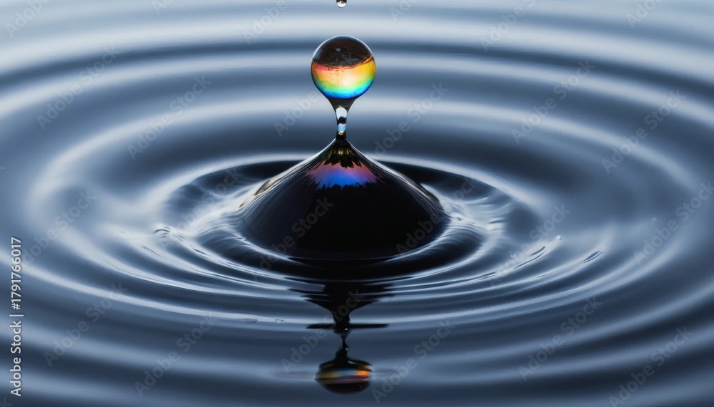 Obraz premium Stunning rainbow refraction captured in a single water drop creating beautiful ripples on dark liquid surface