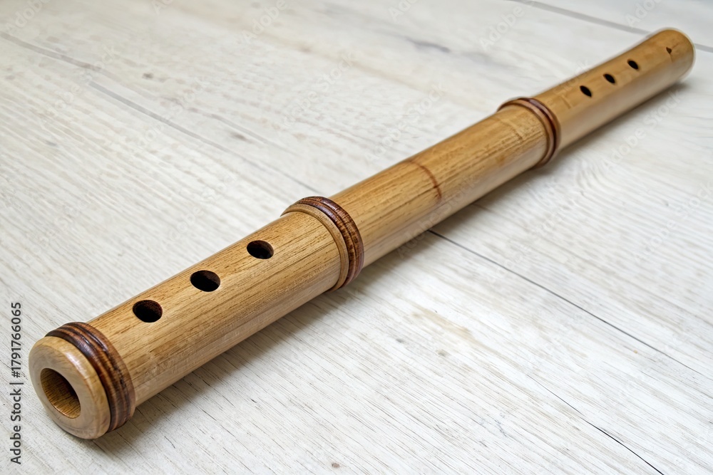 Naklejka premium Artistic Showcase of Bamboo Flute Craftsmanship, Close-Up View, Indoor Setting