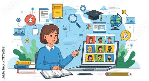 Woman leads online class with laptop and books for education and remote learning