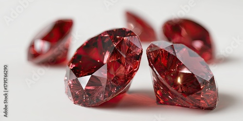 A collection of sparkling, faceted deep red gemstones scattered on a plain white background.