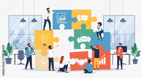 Teamwork illustration shows diverse professionals collaborating on a giant puzzle project