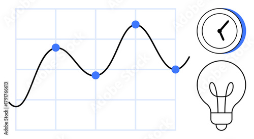 Line graph with plotted data points, clock symbolizing time management, and lightbulb for innovation. Ideal for analytics, productivity, planning, creativity, research, strategy simple flat metaphor