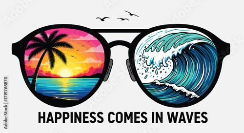 Illustration of sunglasses reflecting a tropical sunset with palm trees and ocean waves, happiness comes in waves