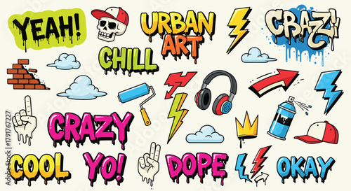 Illustration of collection of vibrant urban art elements, featuring graffitistyle lettering, lightning bolts, and playful cartoon imagery