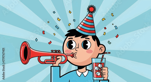 Festive Celebration Young Boy's Birthday Joy, Trumpet and Refreshing Drink in a Party Setting