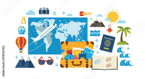 Colorful travel illustration featuring airplane suitcase passport and world map design
