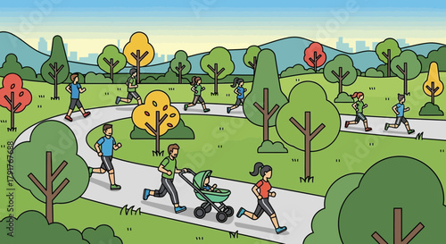 People jogging and running in a park on a sunny day for exercise and wellness