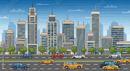 Cityscape illustration featuring cars and taxis driving on a busy urban street