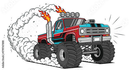 Illustration of cartoon monster truck with big tires and smoke stacks, a fun and exciting illustration of a powerful vehicle