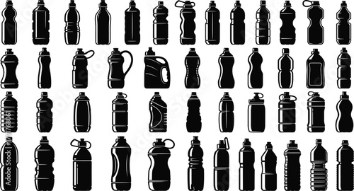Collection of different water bottle silhouettes, plastic and sports bottles set, reusable drink containers vector illustration for hydration, fitness, gym, outdoor, and lifestyle design