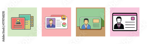 Identity card and profile document illustrations with male avatars, symbolizing personal identification, user profiles, and documentation