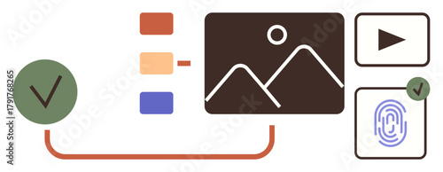 Authentication tick mark, list, image, video thumbnail, and fingerprint icon. Ideal for technology, media organization, security data processing content creation workflow. Simple flat metaphor