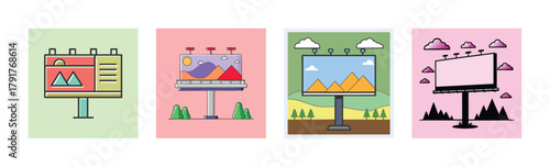 Outdoor advertising billboards displaying various landscapes and promotional content, representing marketing and announcement concepts
