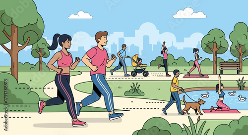 People enjoy outdoor activities like running and yoga in a vibrant city park scene