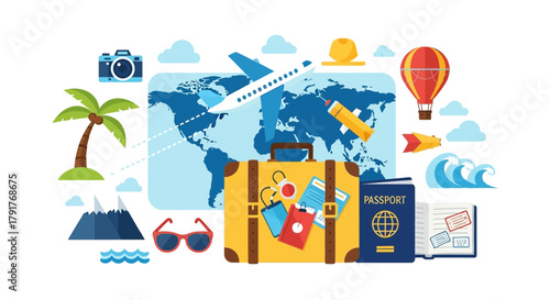 Colorful travel themed illustration with suitcase passport and world map background