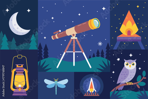 Forest night sky telescope and campfire vector art, stargazing camping adventure scene for astronomy and outdoor exploration themes