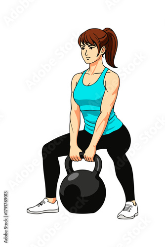 Woman Doing Deadlift Exercise with Kettlebell