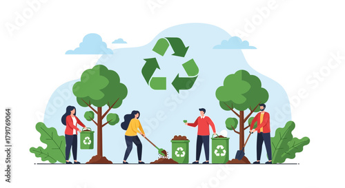 People are recycling and planting trees for environmental sustainability efforts