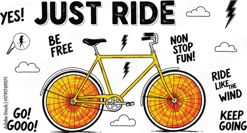 Photos Illustration of a yellow bicycle with orange wheels and motivational text, perfe