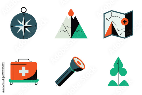 Flat vector icons for hiking, featuring compass, map, first aid kit, representing essential travel and survival tools,