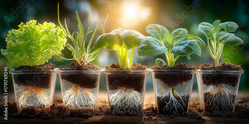 Row of small herb garden pots with soil and sprouts is illuminated by soft sunlight, showcasing vibrant green leaves and visible roots. scene evokes sense of growth and freshness