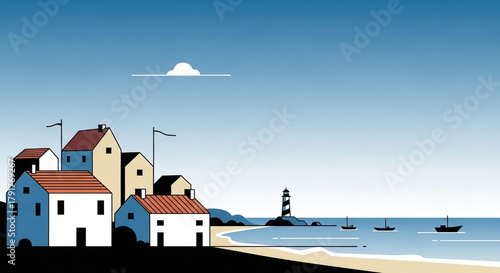 A picturesque seaside village with charming houses, a lighthouse, and boats on the tranquil sea, all under a clear blue sky with a single white cloud above