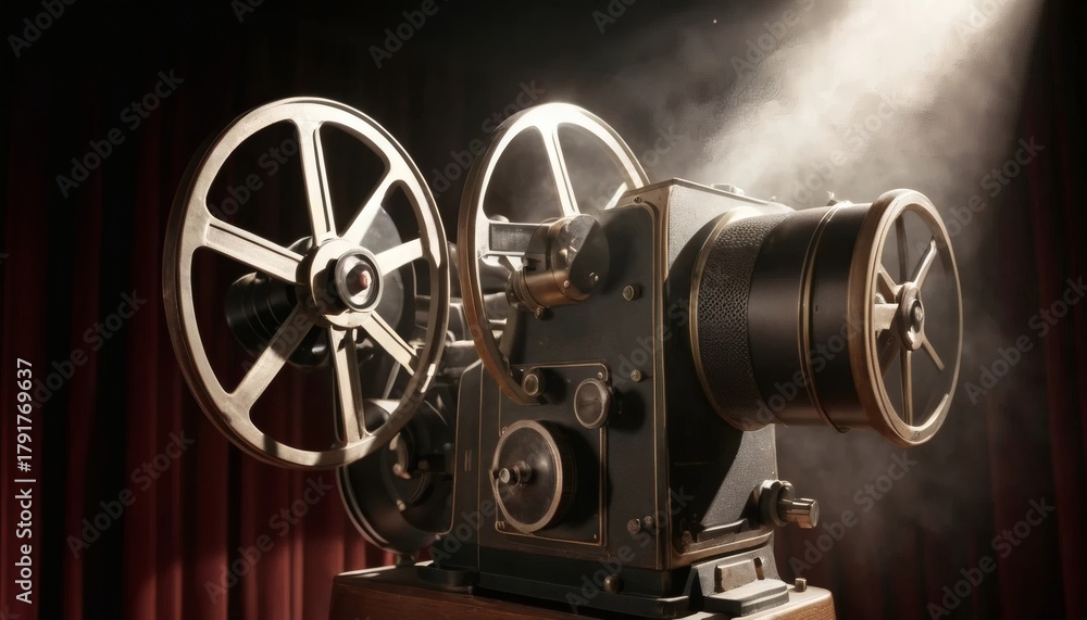 Obraz premium Captivating vintage film projector glows with dramatic light, evoking nostalgia and the magic of classic cinema storytelling