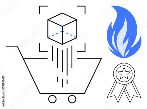 Shopping cart with 3D object, innovation flame, and achievement badge symbolizing e-commerce, 3D design, innovation, quality assurance, retail success, future tech, and a simple flat metaphor