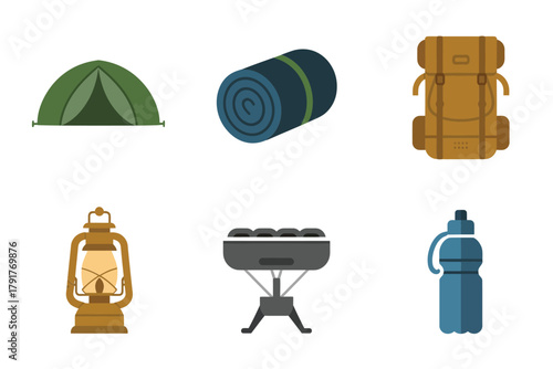 Outline color icons for outdoor trek, illustrating backpack, sleeping bag, tent, representing travel supplies and gear,
