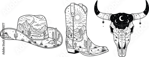 Illustration of cowboy hat, boot and bull skull with desert landscape western line art illustration for print, tattoo or tshirt design