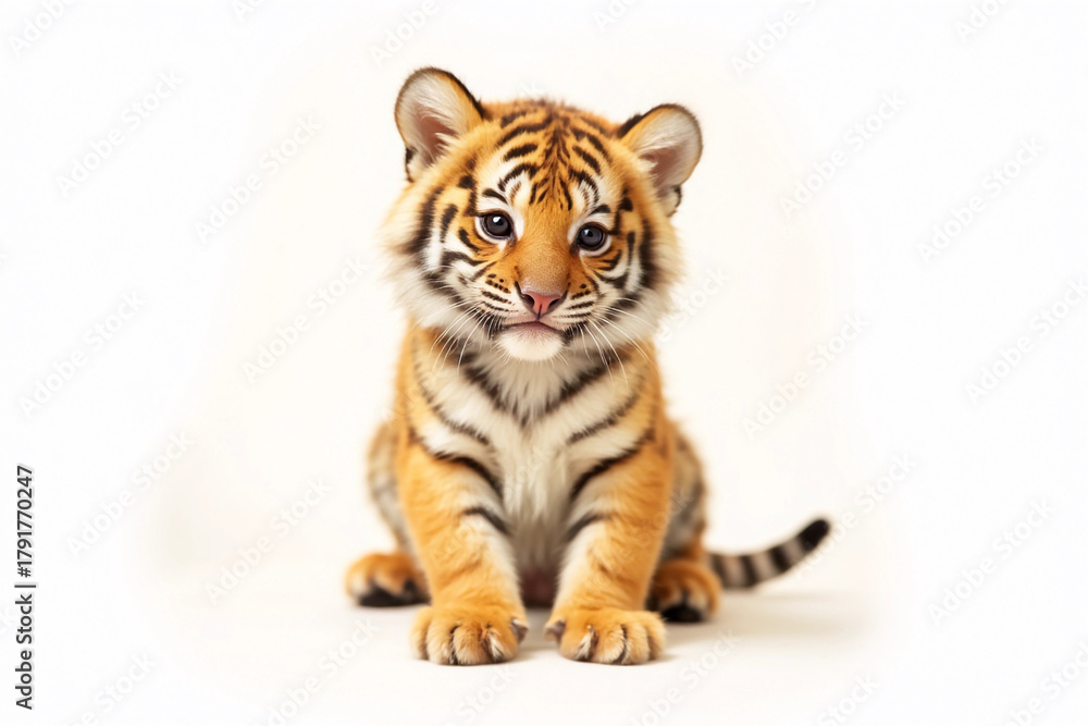 Obraz premium Beautiful yellow little tiger on a white background. 3d rendering.