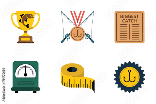 Outline color icons for tournament, illustrating scales, hook, measuring tape, representing the competitive fishing event,