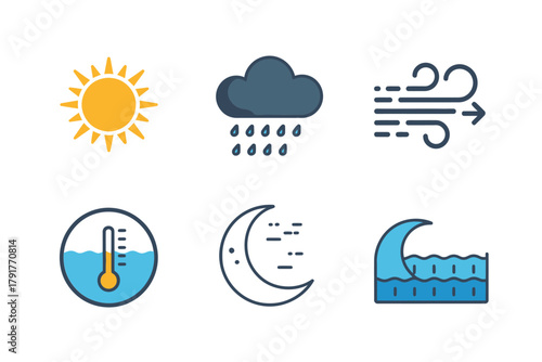 Flat vector icons for climate, featuring sun, rain, wind, representing daily weather forecasting and environment,