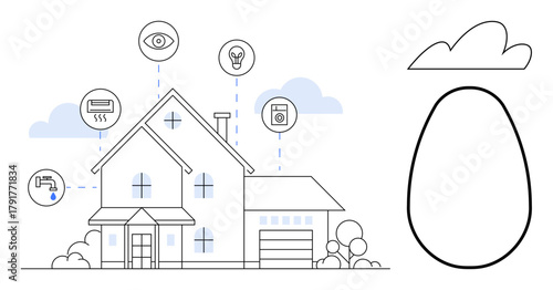 Modern house integrating smart features thumbs up lighting, security, HVAC, plumbing, and appliances. Ideal for technology, connectivity, sustainability, energy efficiency home automation security