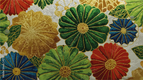 Wzorzysta tkanina z motywami kwiatowymi w żywych kolorach, idealna do projektowania tekstyliów i dekoracji.