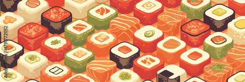 Kolorowe i apetyczne sushi ułożone w radosny wzór, idealne do prezentacji kuchni japońskiej.