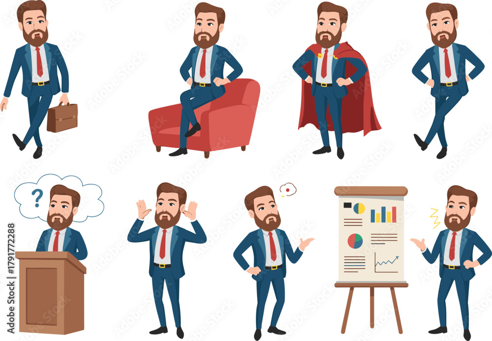 Fototapeta premium Businessman character cartoon set in various poses, emotions, and actions for presentation, leadership, office, and professional concept illustrations