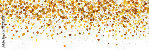 Złoty konfetti w kształcie gwiazdek opada na białym tle, tworząc świąteczną i uroczystą atmosferę.
