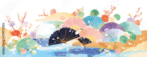 Kolorowe wachlarze i kwiaty w akwarelowym stylu, tworzące orientalną dekorację.