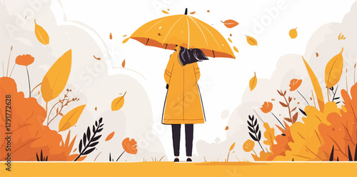 Jesienne liście spadają wokół osoby stojącej pod żółtym parasolem w deszczu.