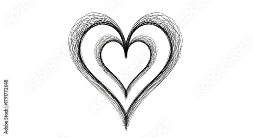 A beautifully hand-drawn, textured heart symbol with multiple nested outlines, conveying feelings of love, romance, and affection in a simple, artistic style.