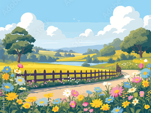 Letnia, kwiecista polna droga prowadząca przez malownicze wzgórza z błękitnym niebem i białymi chmurami.