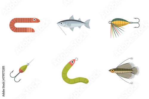Flat vector icons for fishing, featuring worm, lure, hook, representing bait and tackle equipment for catching fish,