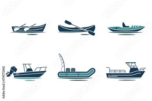 Outline color icons for river transport, illustrating canoes, rowboats, motorboats, representing water vessels and fishing trips,