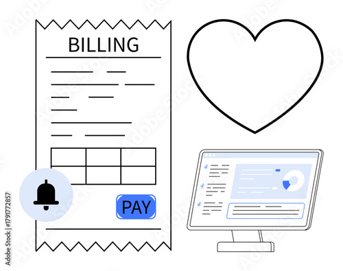Billing receipt, pay button, notification icon, digital dashboard on monitor, heart. Ideal for fintech, billing management, online payments, accounting budgeting customer care simple flat metaphor