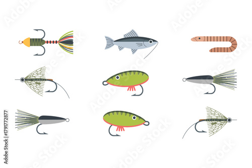 Outline color icons for tackle box, illustrating worms, fish, lures, representing fishing bait and accessories for angling,