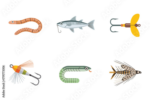 Detailed flat vector icons for angling, showing worms, fish, lures, representing various types of fishing bait and tools,