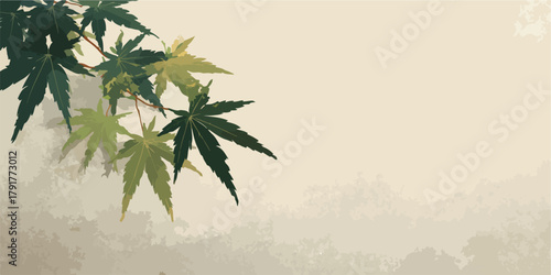 Delikatne liście klonu japońskiego na mglistym, beżowym tle, tworzące subtelną kompozycję.